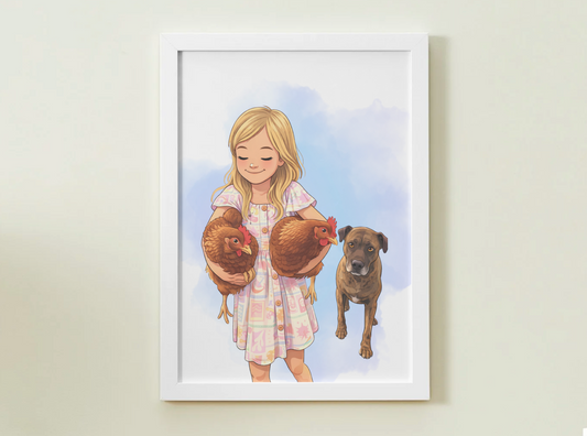 Human + Pet Photo Poster - Framed Print - Cartoon version only