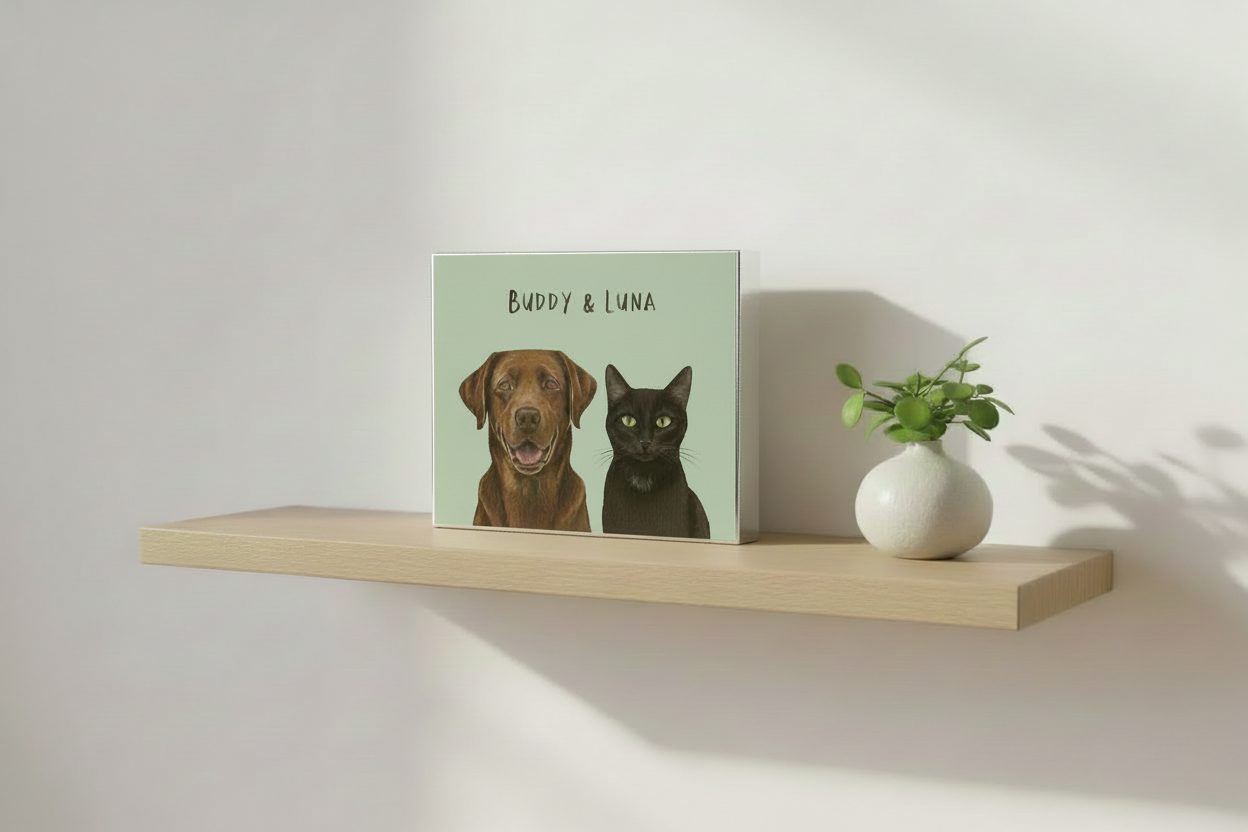 Buddy & Luna - Sage Green on Floating Shelf