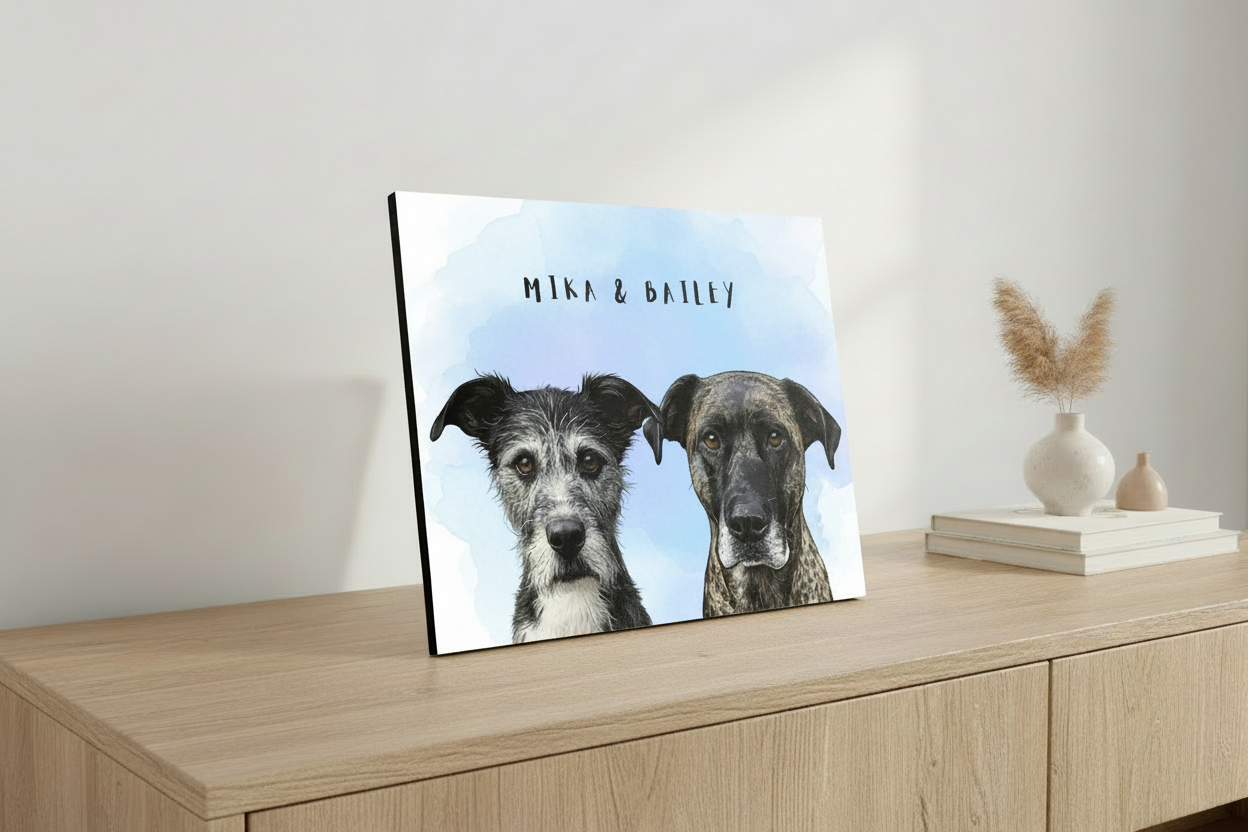 Mika & Bailey Block with Blue Watercolor Background